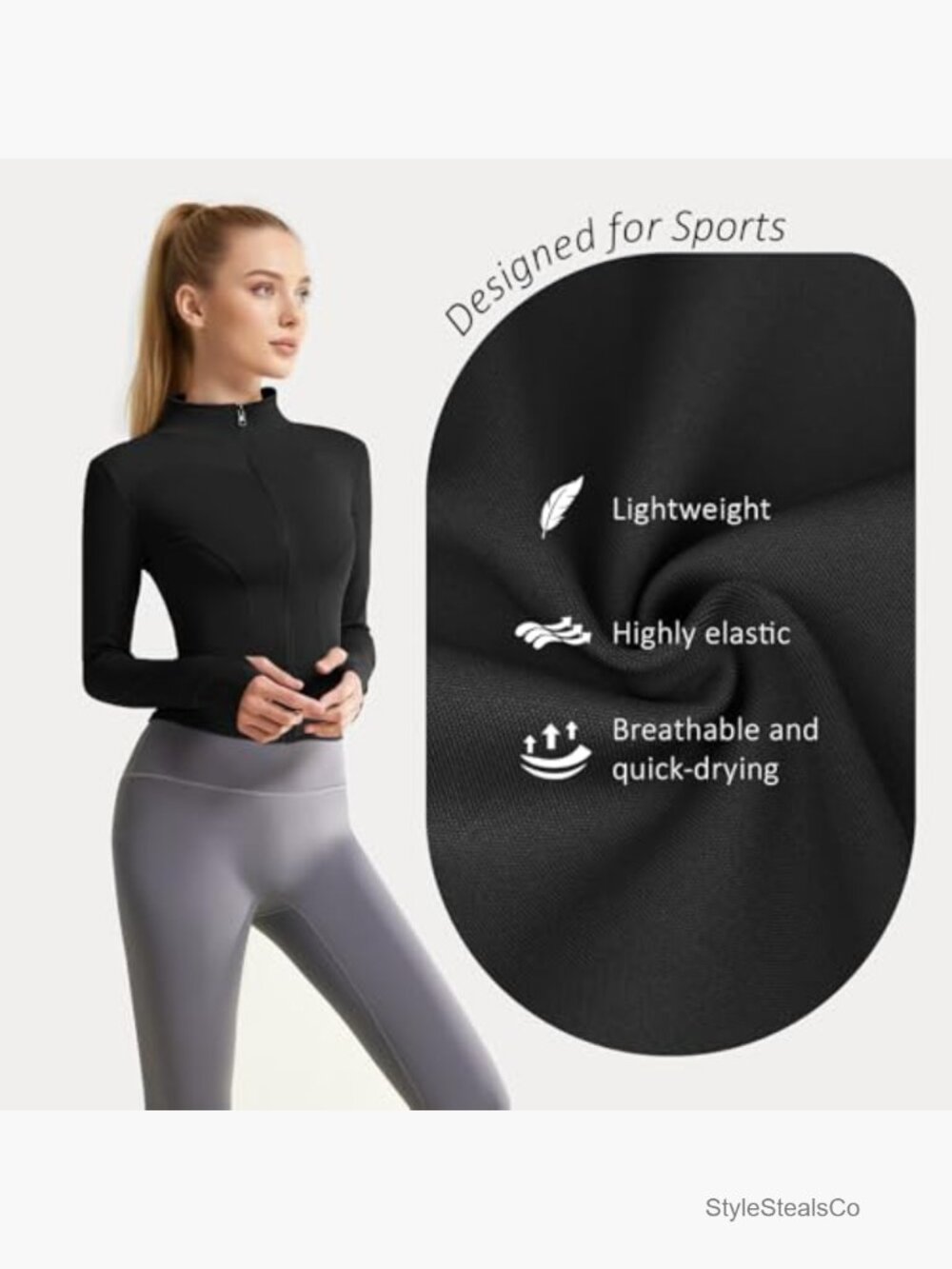 Full Zip Slim Fit Workout Jacket with Thumb Holes - Picture 6 of 7